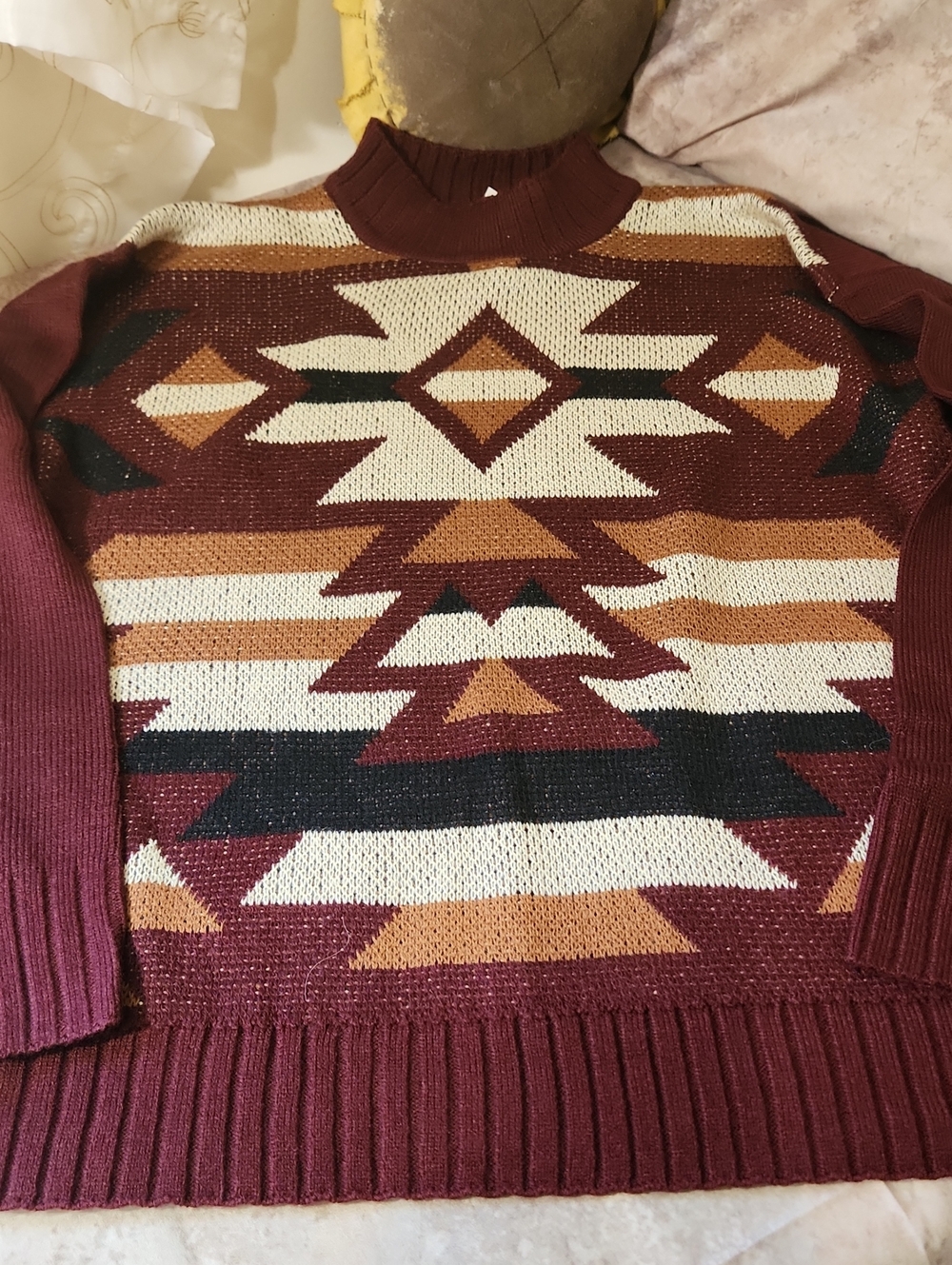Savanna Jane Women's Aztec Knit Turtleneck Sweater - Maroon, Cream, Tan, Black